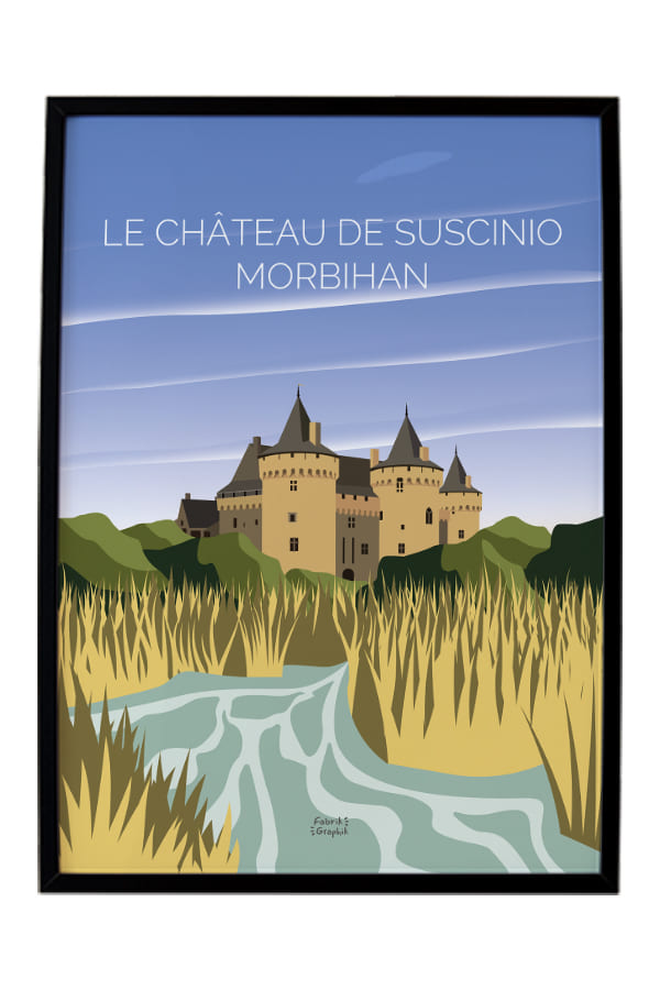 Affiche château de suscinio en Morbihan fond bleu